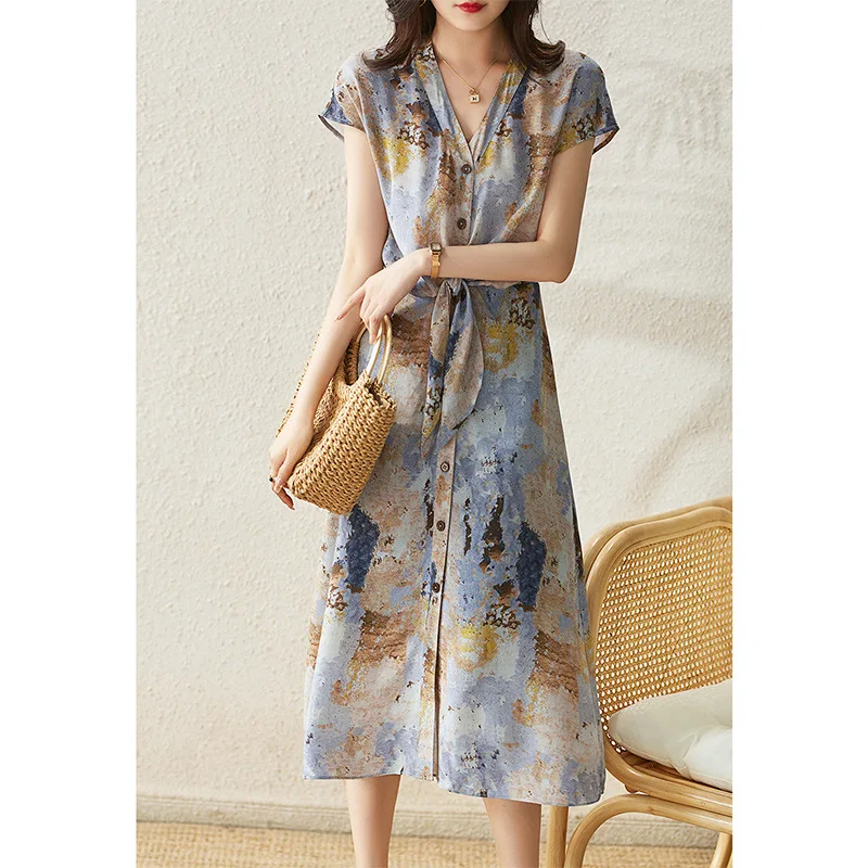 

Summer 100% Mulberry Silk Dress 2023 New Women's V-neck Short-sleeved Mid-length Belt Slim Floral Dress Vestido Feminino Zm3297