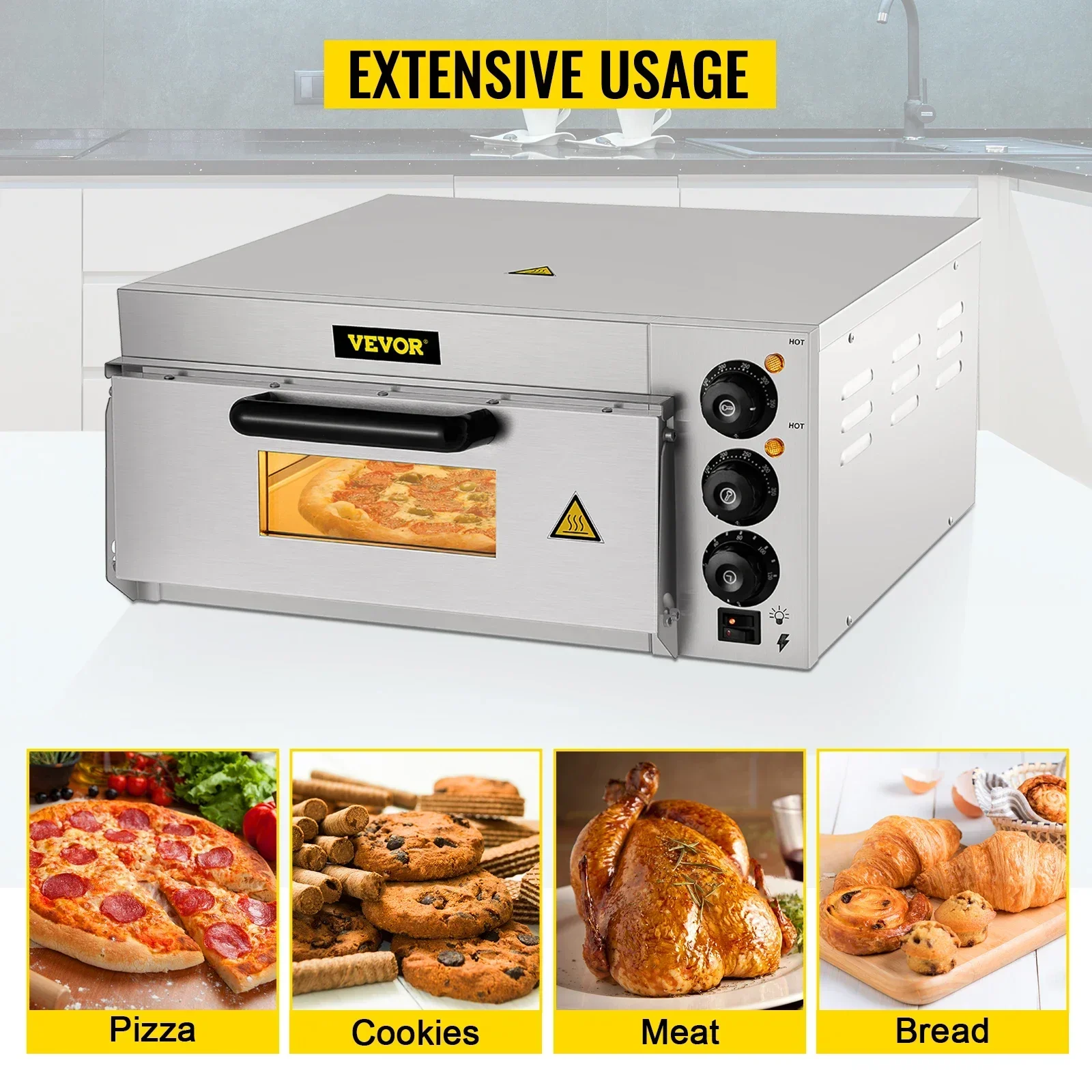 VEVOR 14" Stainless Steel Single Deck Layer Commercial Electric Pizza Oven Multipurpose Electric Pizza Maker for Restaurant Home