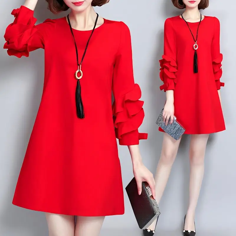 

Female Clothing Commute Ruffles Patchwork Mini Dress Basic Solid Color 2023 Spring Summer 3/4 Sleeve Bow Korean O-Neck Dresses