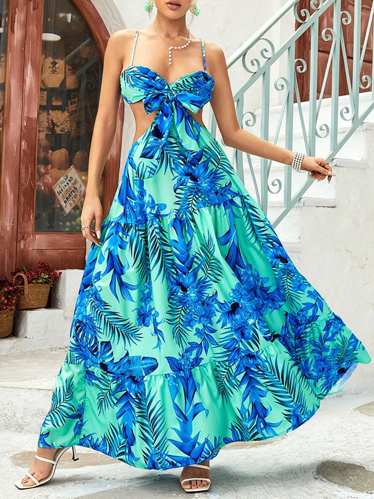 

2023 Summer Dresses for Women Cutout Tied Detail Tropical Print Cami Maxi Dress Vestidos De Mujer Casual Elegant Robe Female