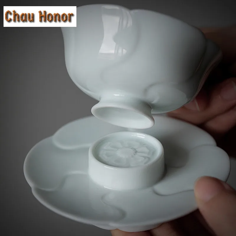 50ML Boutique Imitation Song Shadow Celadon Lotus Cup Ceramic Master Cup High Foot Tea Cup With Saucer Chazhan Teaware Gift Box