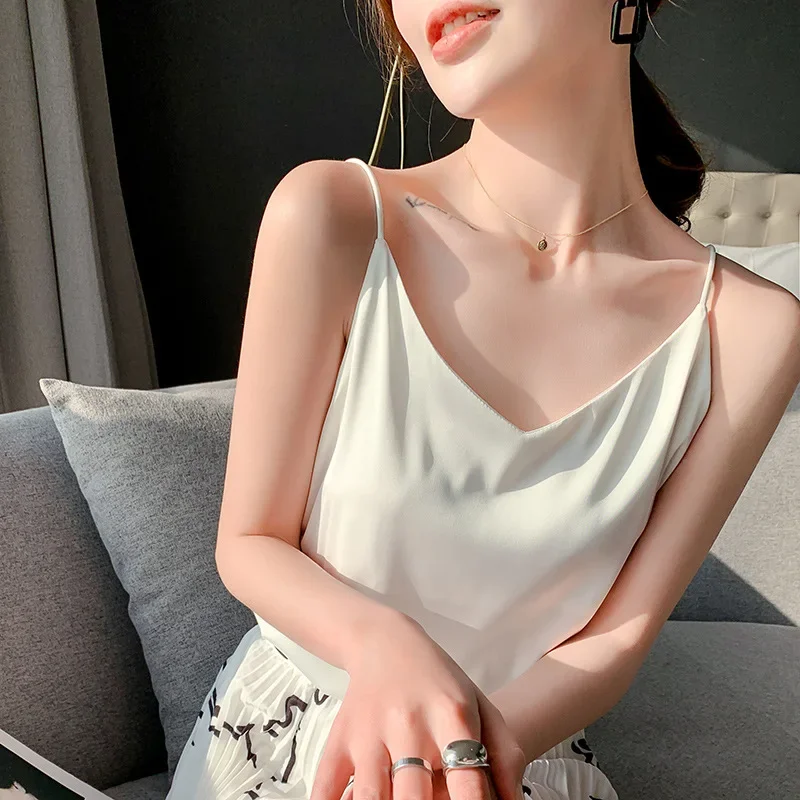 Summer Silk Suspenders Camisole Sling V-neck Loose Bottoming Satin Vest Sexy Crop Top for Women