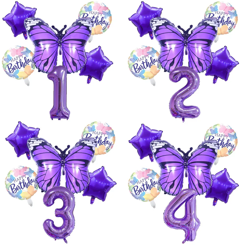 

6pcs Purple Butterfly Foil Balloons Set 40inch Purple Number Helium Balloon Birthday Party Decorations Kids Baby Showers Girl
