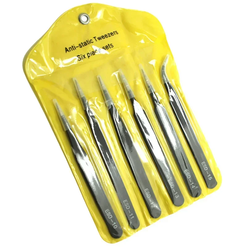 6PCS Precision Tweezers for Electronics Repair Soldering Craft ESD Anti Static Stainless Steel Tweezers Set