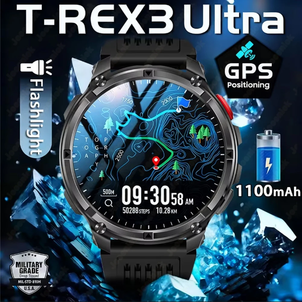 2026 New T-Rex3 GPS Outdoor Smart Watch 1100mAh Battery 3ATM Waterproof Health Monitoring Bluetooth Call Smartwatch Men Sports 1