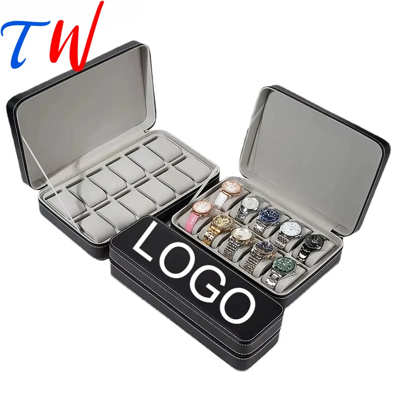 Personalization PU Leather Watch Organizer Portable Multi-Slot 6/10/12 Zipper Flip-top Jewelry Storage Case Travel