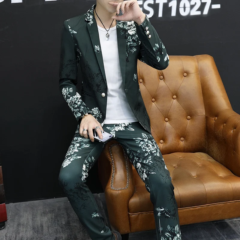 Spring Men's Slim Fit Korean Style Fashion Suit Casual Business Print Two-Piece Set Trendy Suit plus Trousers Ensemble