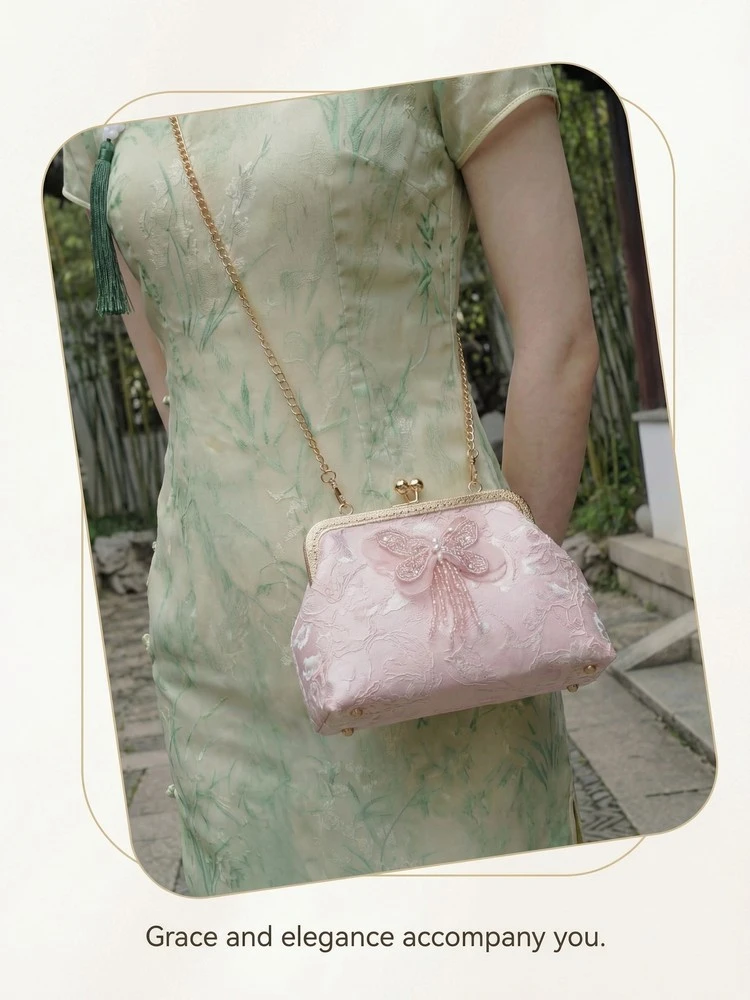 Chinese Style Butterfly Embroidery Clutch Vintage Lace Kiss Lock Handbag Elegant Evening Bag with Gold Chain for Women