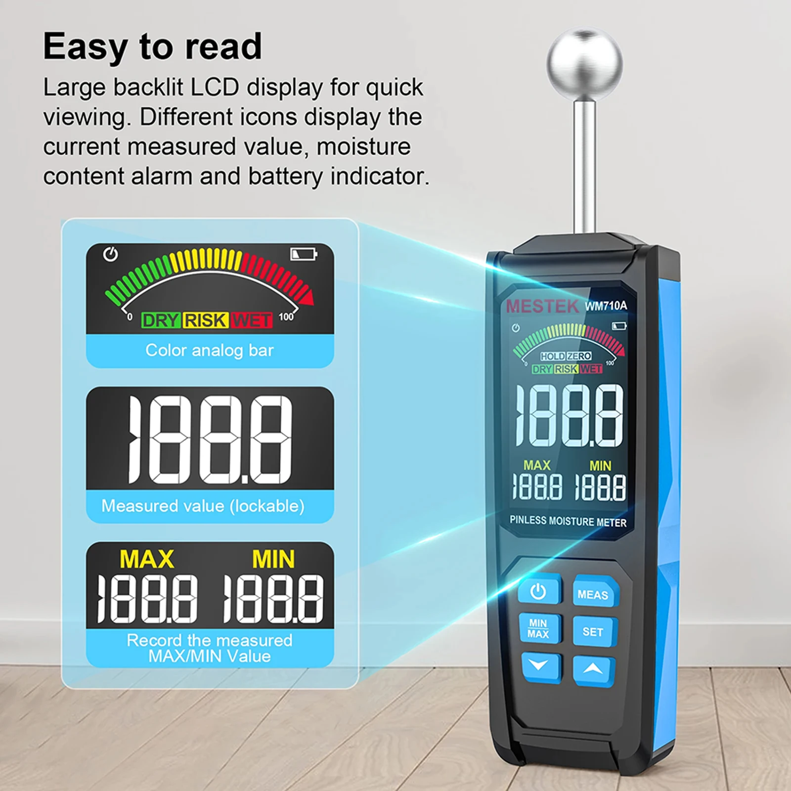 WM710A Digital Wood Moisture Meter Hygrometer Non-contact Timber Damp Detector Alarm Non-destructive Measurement Humidity Tester wood moisture meter