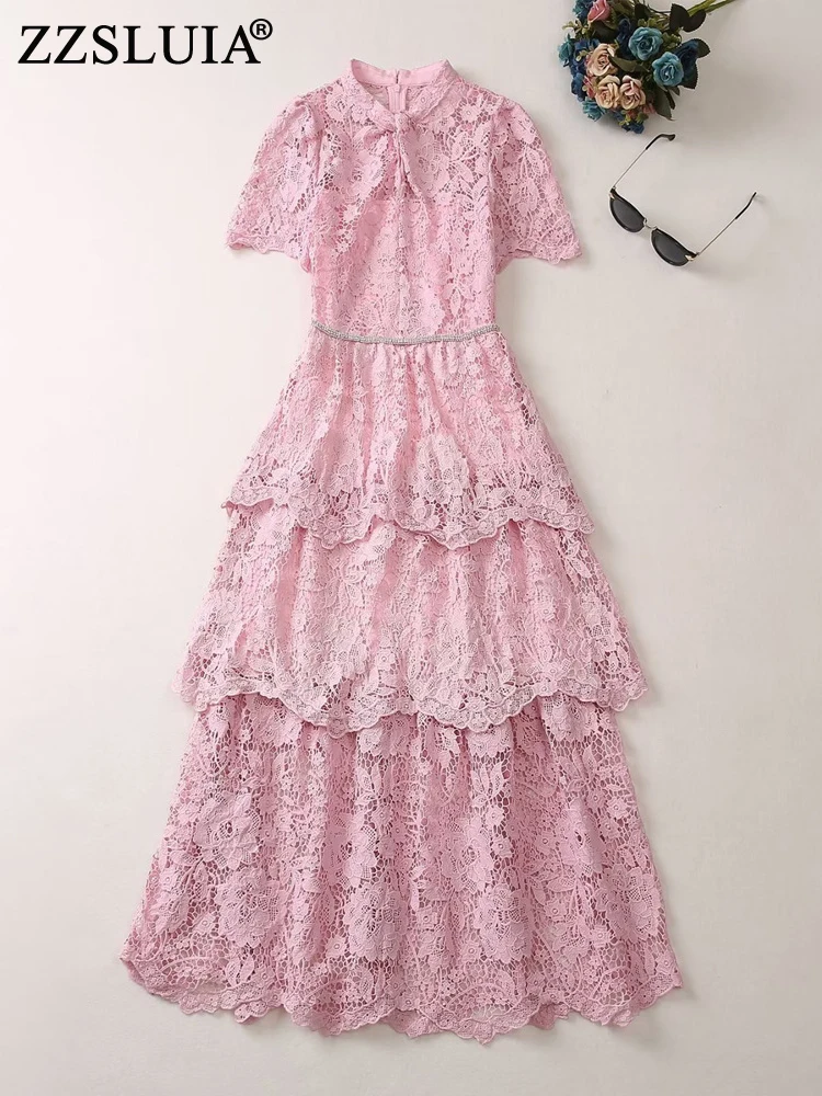

ZZSLUIA Elegant Dresses For Women Diamonds Embroidery Designer Slim Long Dress Fashion Short Sleeve Layer Ruffles Formal Dresses
