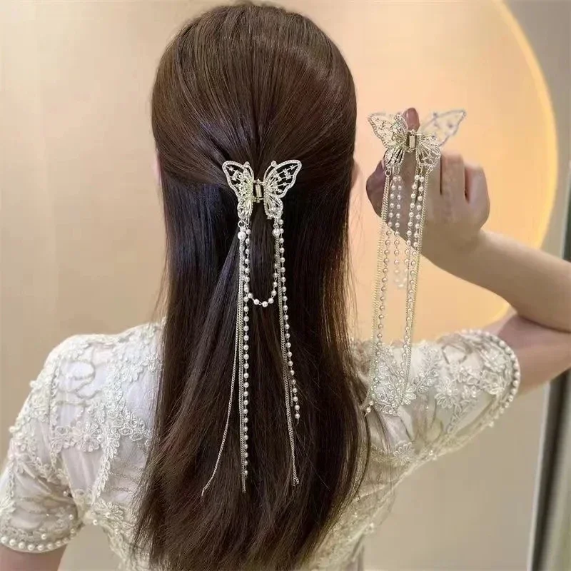 

Exquisite Rhinestone Butterfly Tassel Fringe Hair Claw Korean Ponytail Braid Pearl Hair Clip Girl Crab Metal Hair Headwear Gift