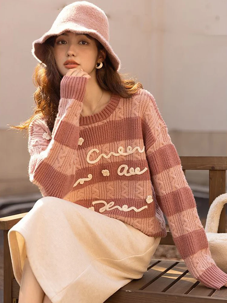 

Zoki Милый Винтажный полосатый свитер для женщин ленивый ветер корейский трикотажный джемпер элегантный с круглым вырезом буквенным длинным рукавом в стиле преппи Топы