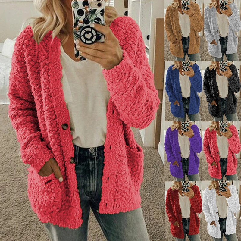 Autumn / Winter 2020 Women's Wool Coat Coat Women's Warm Soft Button Fur Jacket Women's Plush Coat Pocket Casual Teddy Coat Sweaters