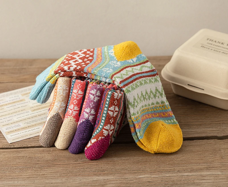 5 Paare/los Neue Witner Dicke Warme Frauen Socken Vintage Weihnachten Socken Bunte Socken Geschenk Freie größe YM7020 – Detail 15