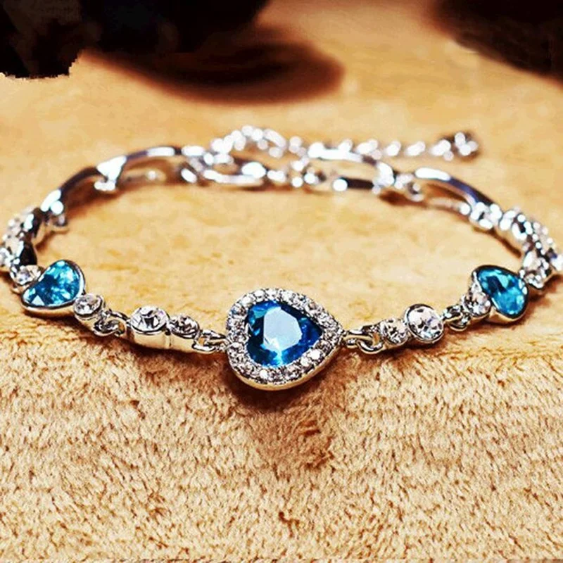 Womens Ladies Crystal Rhinestone Bangle Ocean Blue Bracelet Chain Heart Jewelry Party Gifts Peach Heart Bracelet fashion bracelet,fashion jewelry