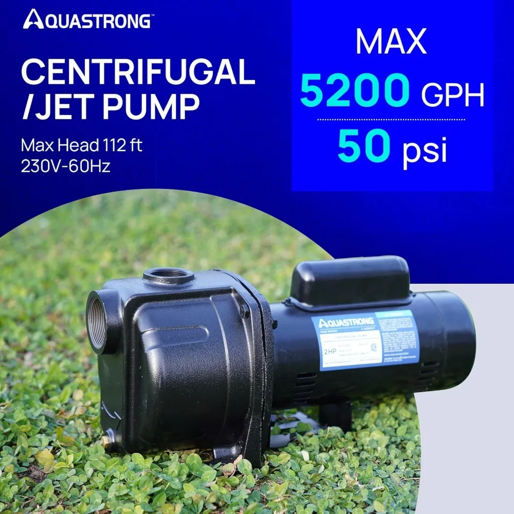 AQUASTRONG 2 HP Low Well Jet and Centrifugal Pump, 5200 GPH, 230V, Cast Iron Water Booster for Irrigation Systems