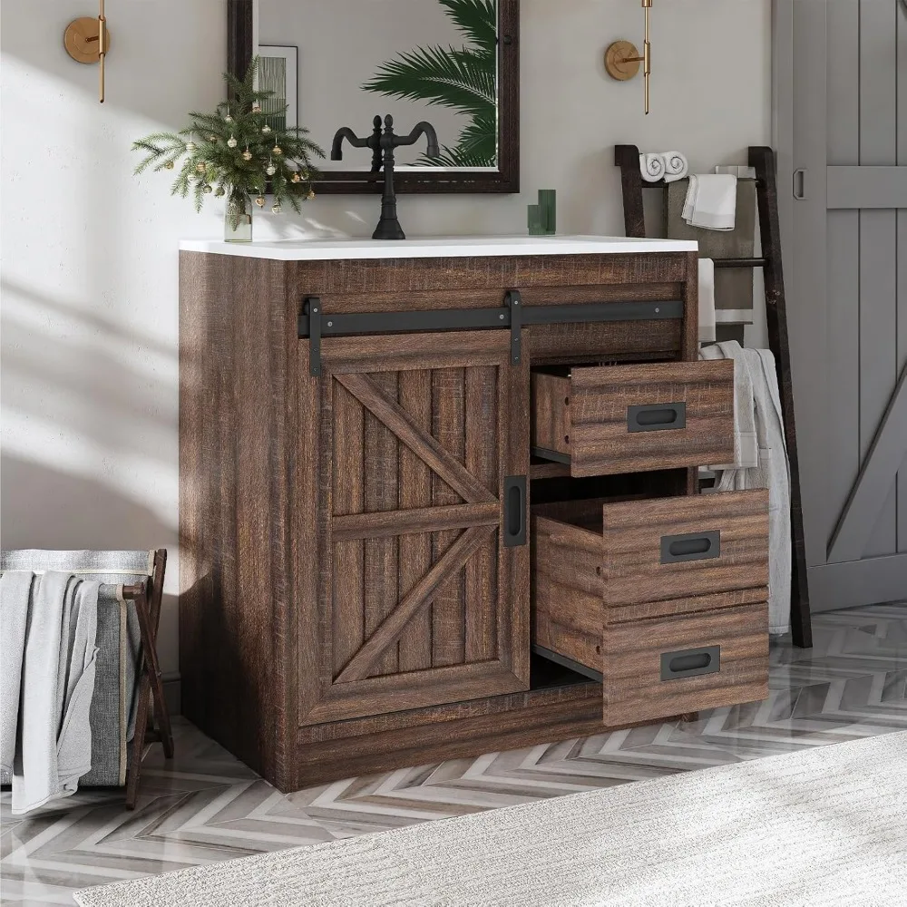 31 Inch Farmhouse Sliding Barn Door Bathroom Sink with Sink Combination, Drawers and Metal Handles 3