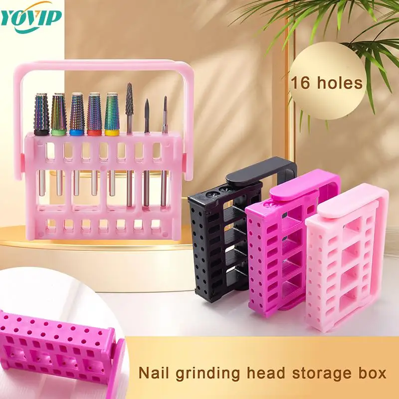 

16 Holes Nail Art Drill Storage Box Grinding Polish Head Bit Holder Display Nail Drill Bits Organizer Adjustable PP Plastics