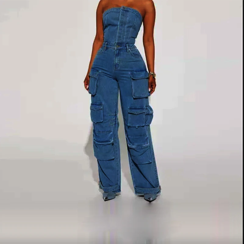 

2024 New Luxury Designer Young Solid Sweet Joker Style Denim Strapless Sleeveless High Waist Women Long Wide Leg Pants