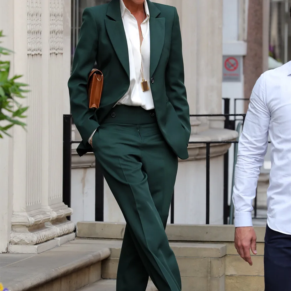 Ladies Retro Green Loose Blazer Suit Spring 20212 Elegant Women's Streetwear Solid Color Matching Suit (Coat + Pants)