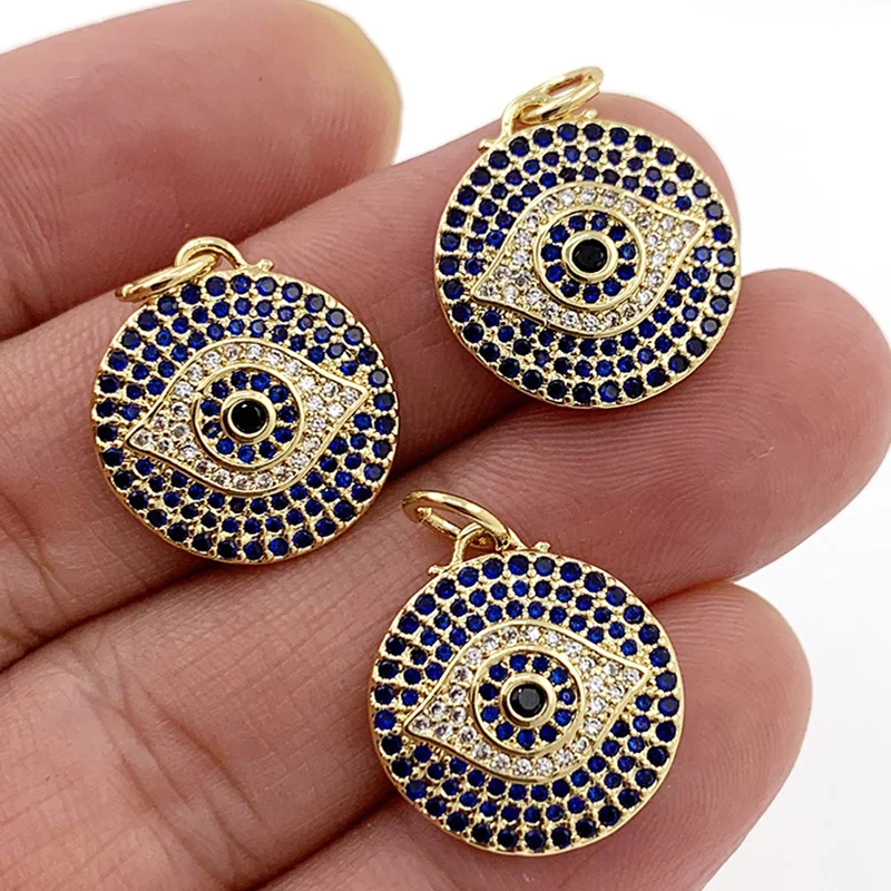 

Classic Punk Retro Round Evil Eye Pendant Copper Inlaid Blue Zircon DIY Making Amulet Key Chain Accessories For Men Women