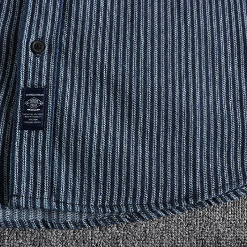 Men's Denim Shirt Vintage Yarn-dyed Striped Simple Pocket Spring and Autumn Youth Thin Coat