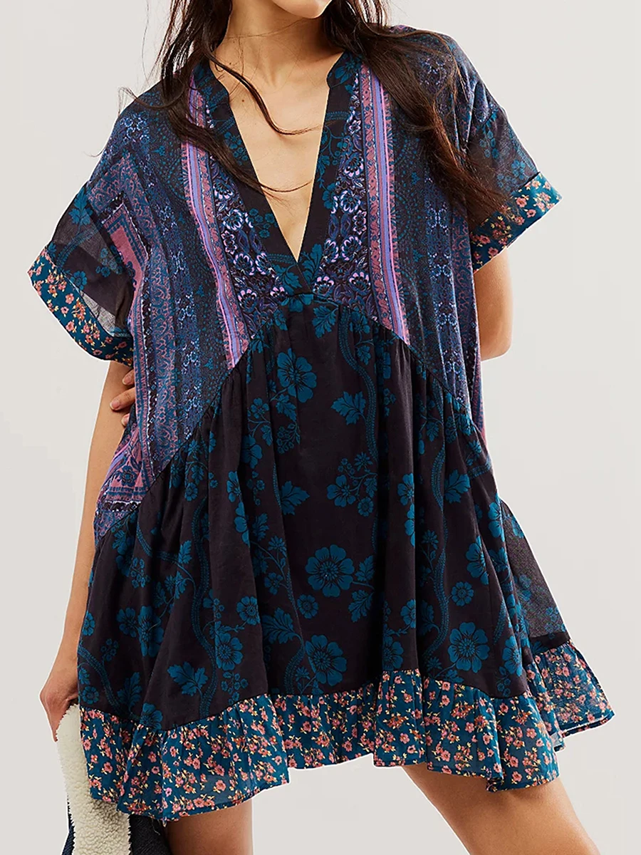 

Women's Summer Babydoll Dress Bohemian Floral Print Short Sleeve V-Neck Flowy Dress with Pockets