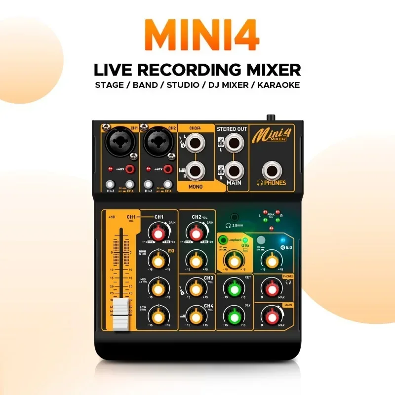 금속 Mini4 오디오 믹서 인터페이스, DJ 콘솔, 블루투스 5.0, OTG 리버브, 48V 사운드 카드, 라이브 방송 PC 녹음용, 인기 판매