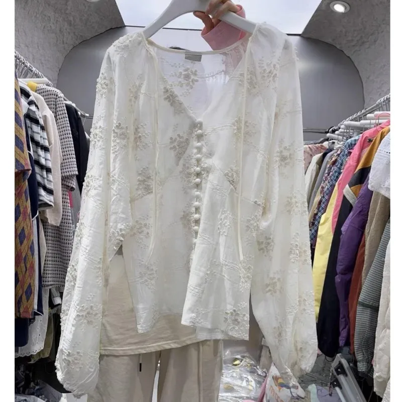 

2023 Summer Vintage Temperament V neck Long Sleeve Loose Thin Sunscreen Casual Shirt Blouse Woman
