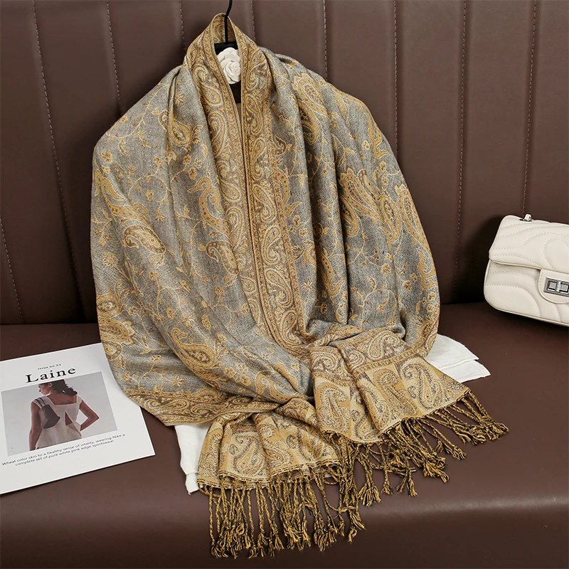 Women National Style Flower Pattern Scarf Jacquard Pashmina Cashmere Tassel Classic Shawl Coldproof Warm Neck Protection 6