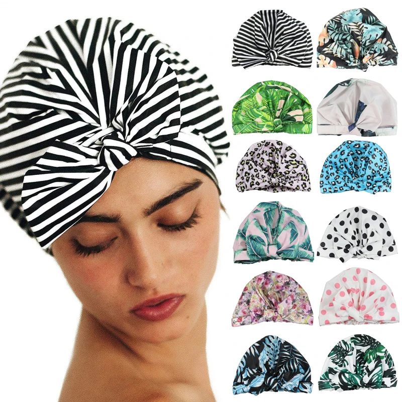Waterproof Shower Cap Striped Bath Caps Adjustable Elastic Band For Women Long Thick Hair