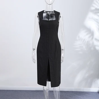 Abito da donna a camisole con scollo a U e cerniera, vestito lungo elegante e alla moda con spacco in vita, perfetto per appuntamenti e feste