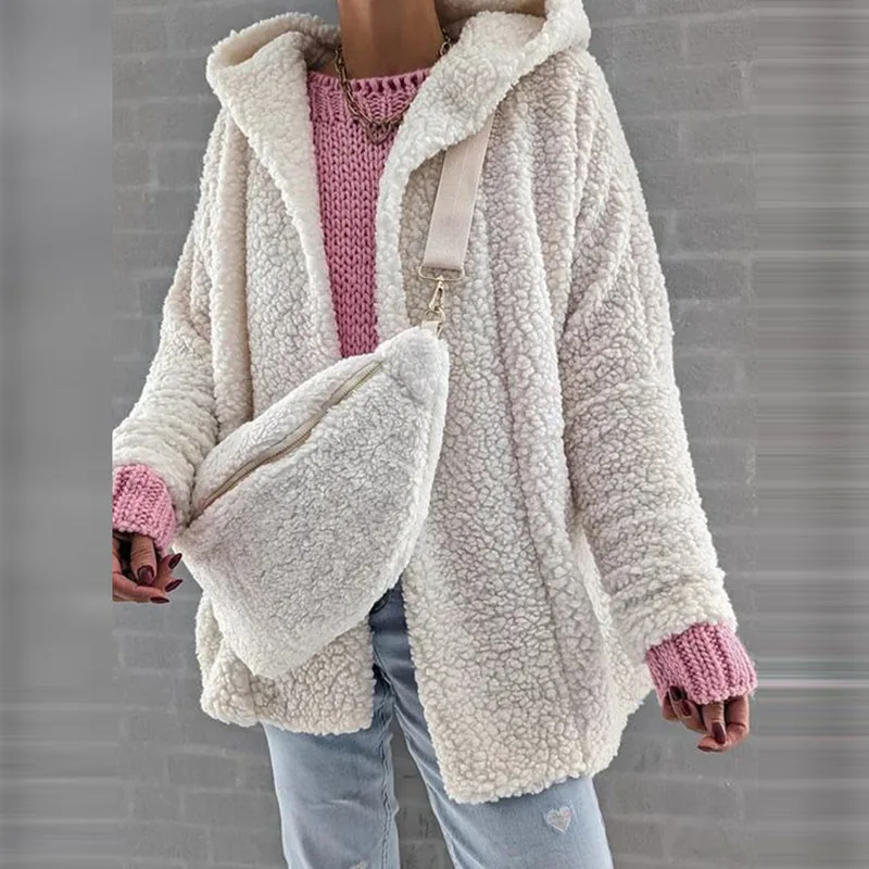 

Women's Casual Thickened Warm Woolen Coat 2023 Autumn Loose Solid Commuting Outwear Fashion Long Sleeved Fleece Hooded Cardigan