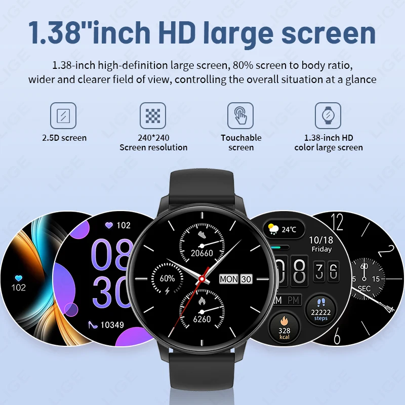 LIGE Smart Watch Men Women 1.38" Full Touch Screen Sport Fitness Watch Man IP67 Waterproof Bluetooth Smartwatch For Android IOS