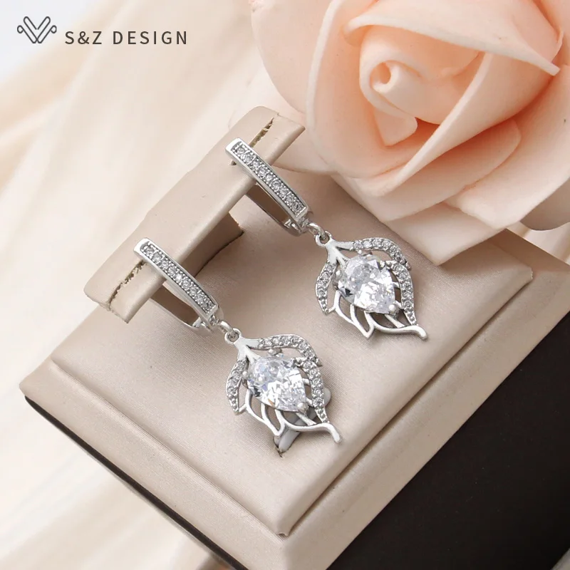 S&Z DESIGN New Fashion Water Drop Cubic Zirconia Hollow Out Leaf Dangle Earrings For Women Trendy 585 Rose Gold Color Eardrop