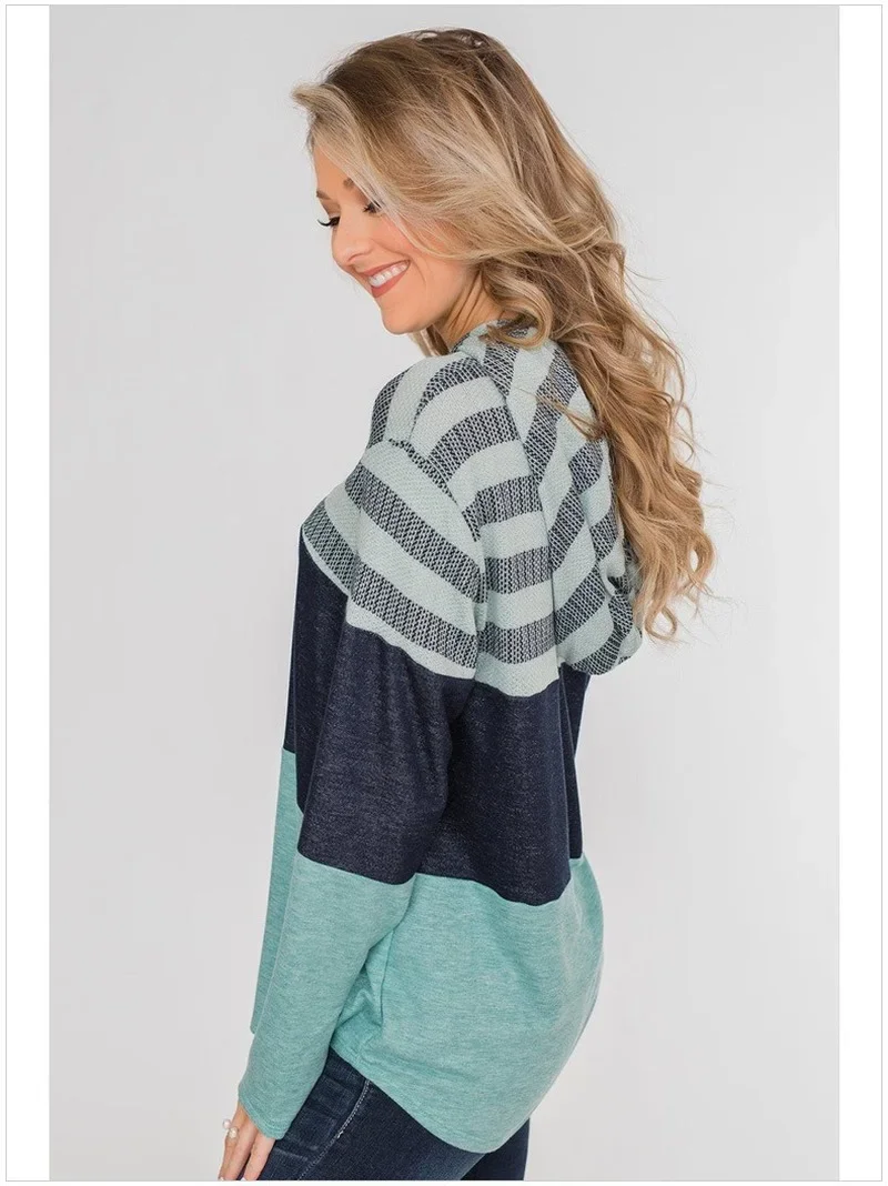 Patchwork Striped Hooded Pullovers Women Contrast Colors Drawstring Loose Casual Sweatshirts Multicolors Long Sleeve Pullovers