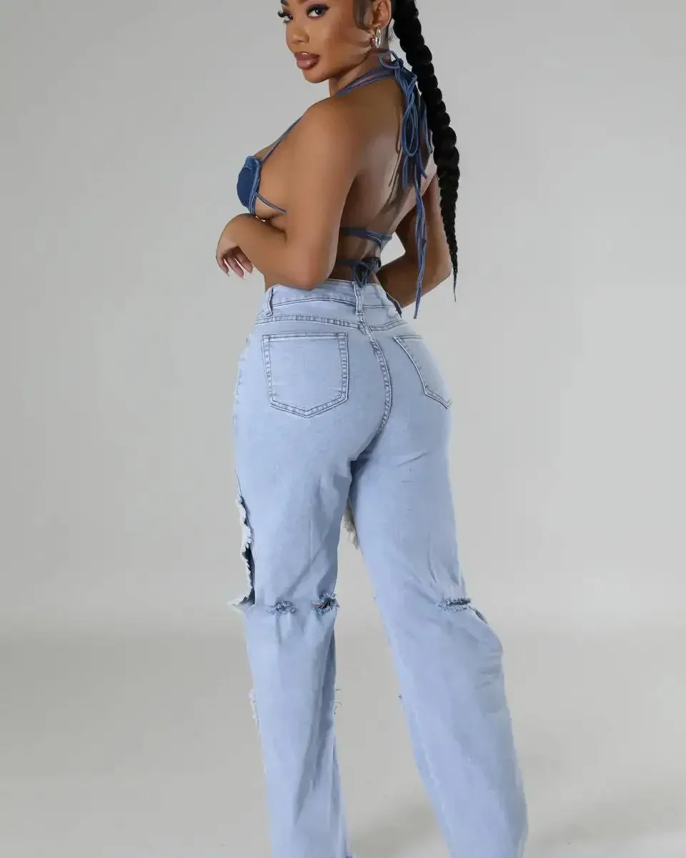 Women Streetwear Cargo Straight Denim Pocket Patchwork Wide Leg Jeans Pants Fall Fashion Ripped Out Party Trousers