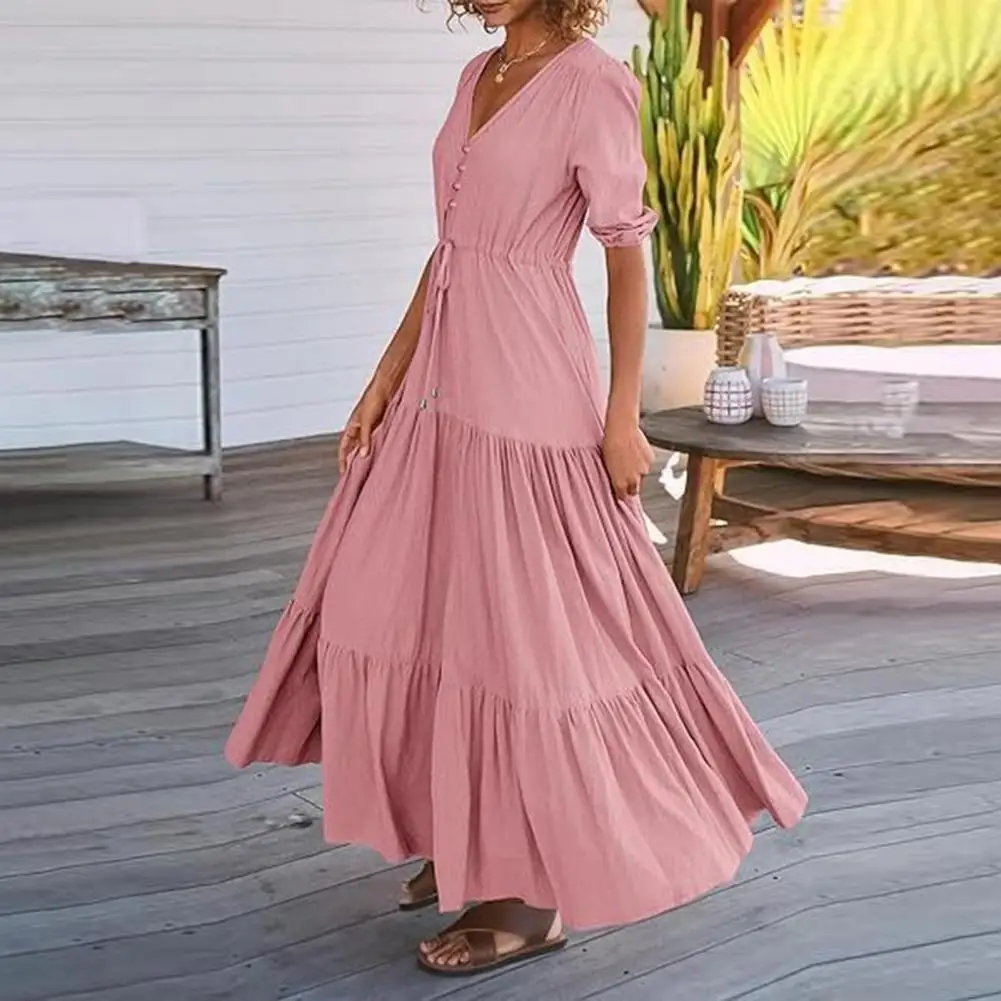 

Drawstring Dress Elegant A-line Maxi Dress with Pleated Detailing V Neckline Drawstring Waist for Summer Vacation or Beach