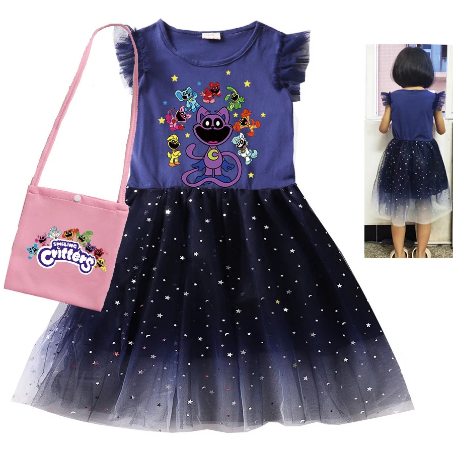 Summer Kids Girls Cartoon Smiling Critters Dress Catnap Sleeveless Mesh Princess Dresses Baby Flower Cartoon Birthday Vestidos
