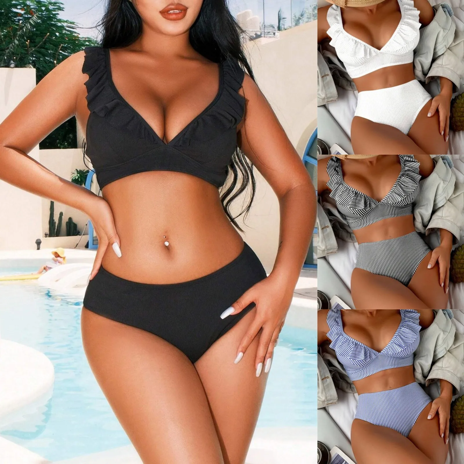 

Teen Girl Swimming Suits Fashion Bikini Set for Women Summer Ruched Bikinis Top Two Piece Swimsuit V Neck Modest Swimwear 2024