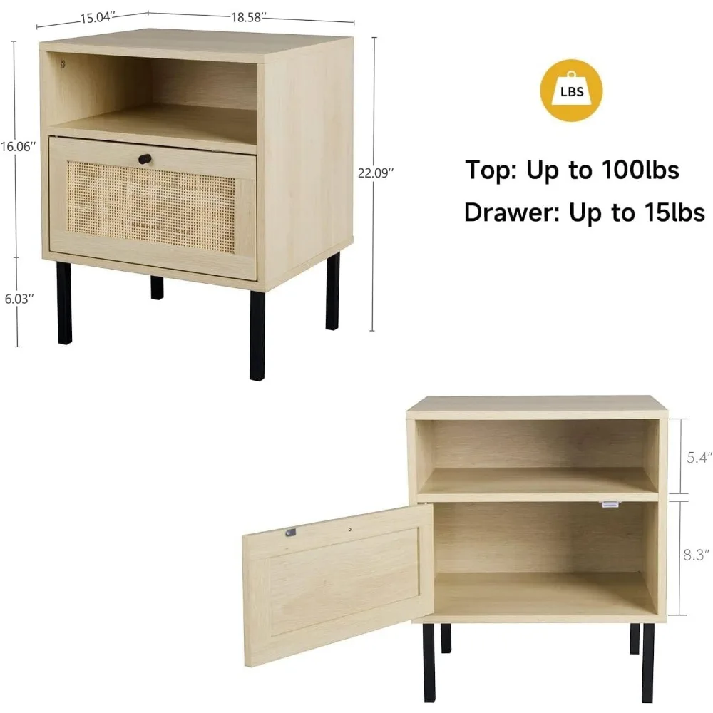 Natural Rattan Nightstand Set of 2, End Table,Boho Bedside Table with 1 Hand Made Decorated Door for Living Room, Bedroom 3