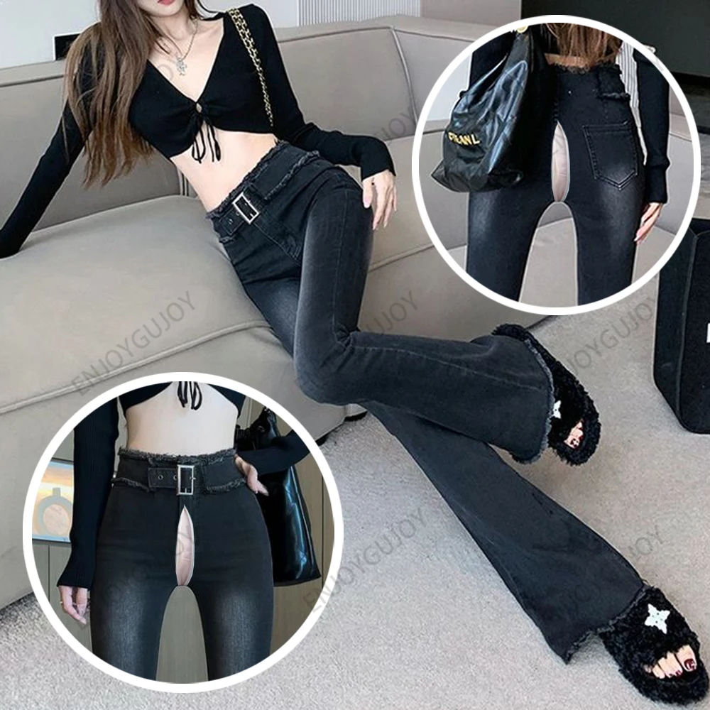 Invisible Open Crotch Outdoor Sex Fur Edge High Waist Micro Flared Jeans Ms Elastic Tight Fitting Mopping The Floor Pants
