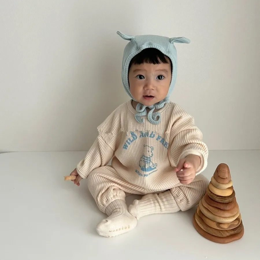 Korean Children's Wear Children's Bear Suit Spring and Autumn Baby Cute Cartoon Waffle Sweater Leggings Casual Suit Kids Clothing Set