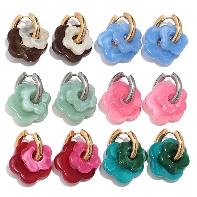 87641-400025.jpg Boucles d'oreilles en forme de fleur acrylique colorée pour femmes et filles, cercles en acier inoxydable, tendance 2025, bijoux cadeaux