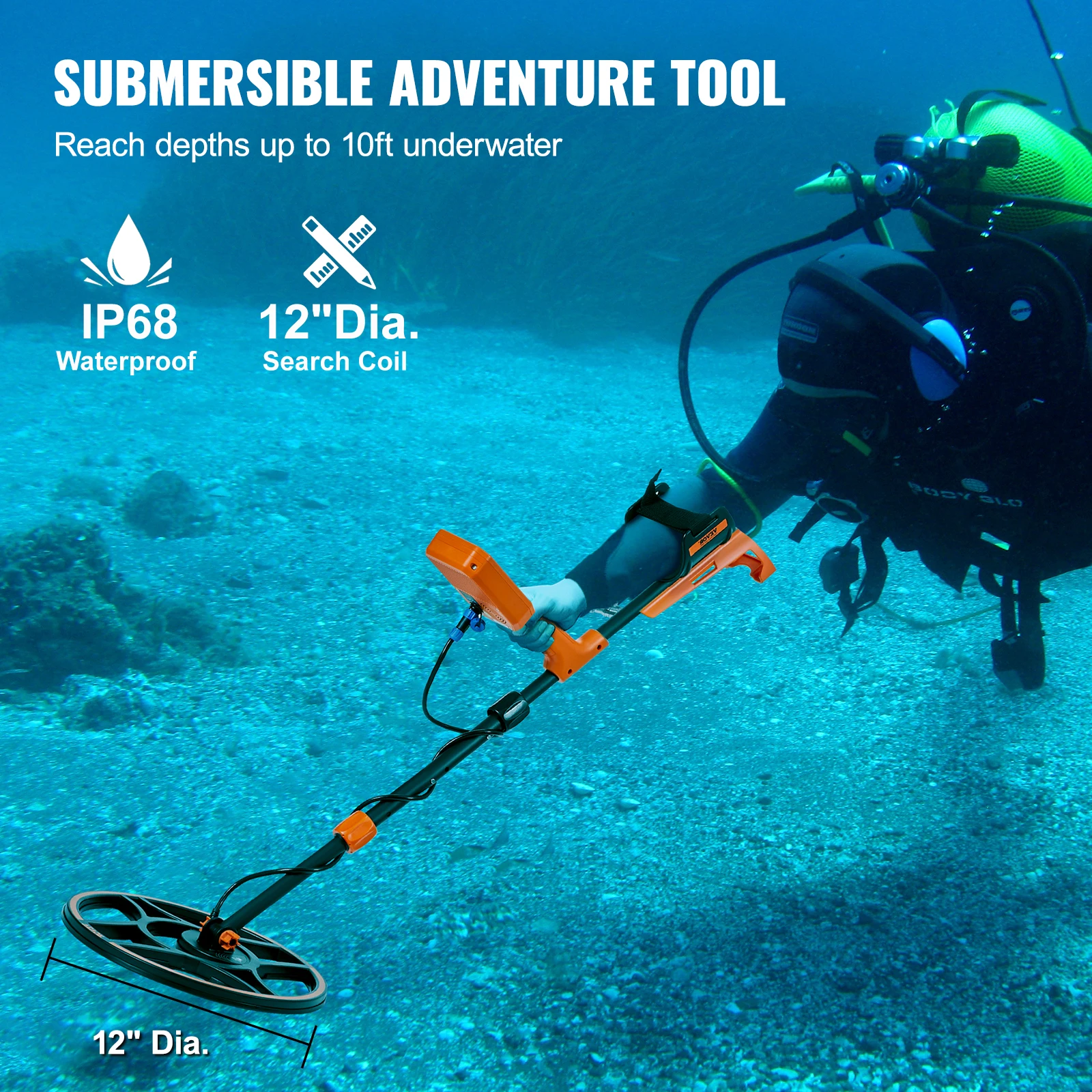 VEVOR Professional Rechargeable Metal Detector 12" IP68 Waterproof Coil 39-50 in Adjustable with LCD 7Modes for Treasure Hunting 3