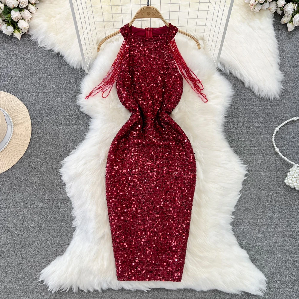 

HIGH STREET Newest 2023 Fashion Women's Hanging Neck Off Shoulder Sequin Party Dress