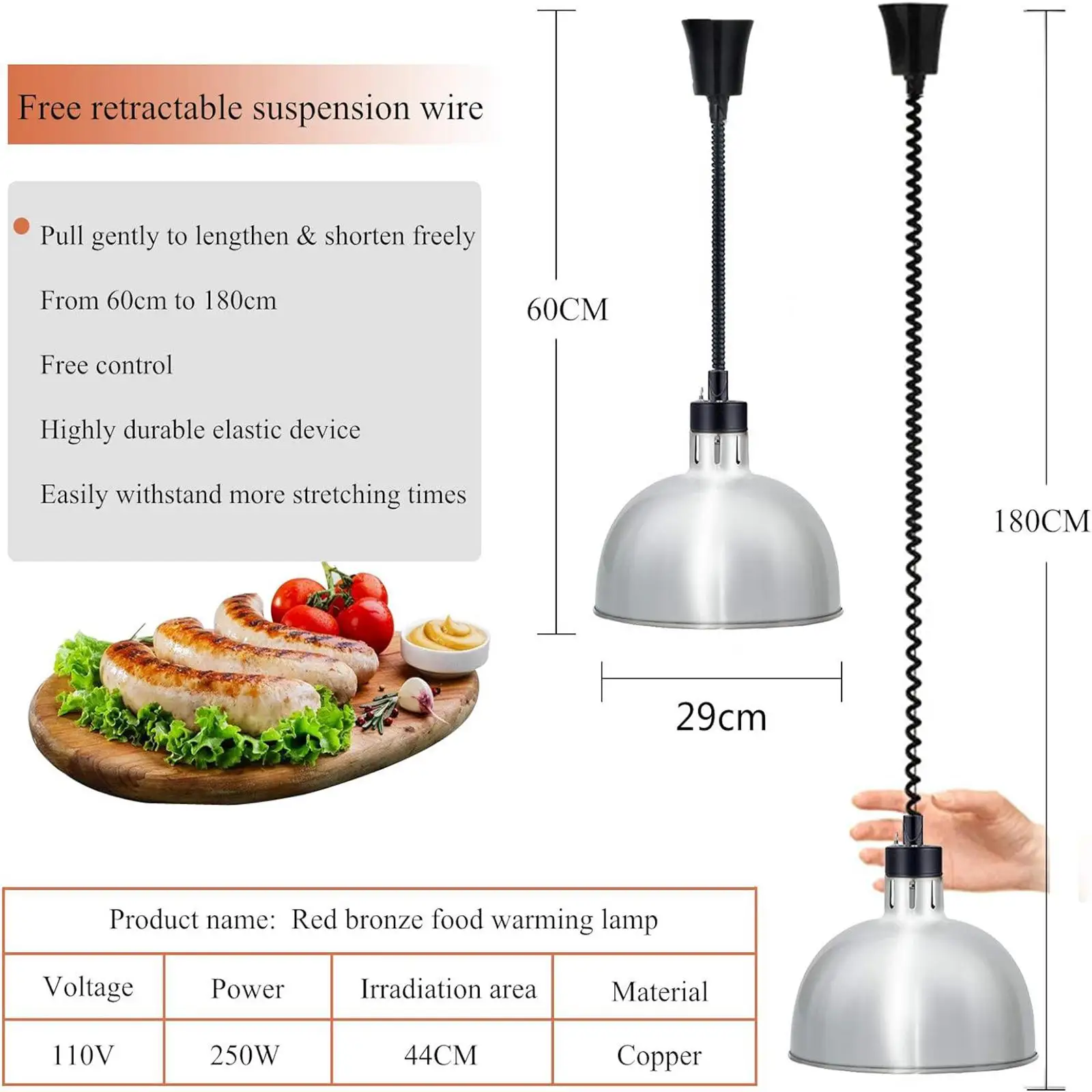 Food Heat Lamp Hanging Buffet Heating Lamp for Restaurant Hot Food Cafeteria