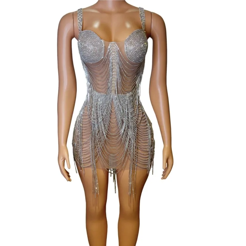 

Prom Party Crystals Fringes Outfit Women Show Costume Sparkly Silver Rhinestones Chains Sexy Transparent Dress Evening Birthday