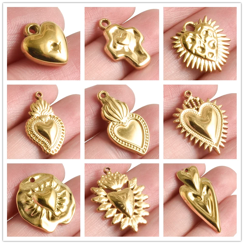 5 Stück/Lot goldfarbene PVD-Edelstahl-Anhänger mit heiligem Herzen für Schmuckherstellung, Sonnen-Liebes-Charm, DIY-Halsketten, Armbänder