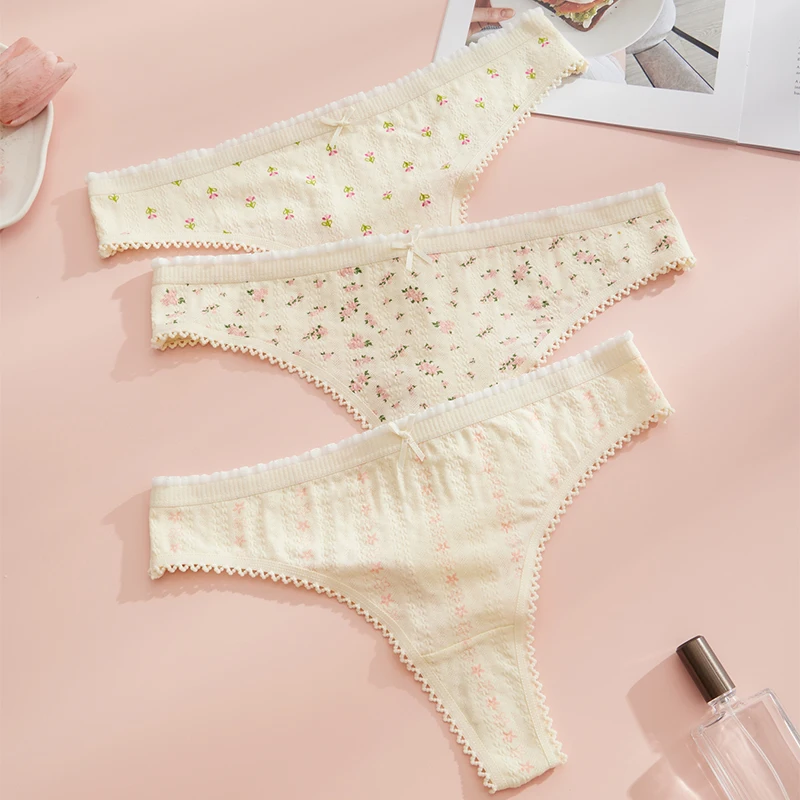 3 Pcs Fashion Cute Print Panties For Women Thongs Cotton Elastane Spring Summer Soft Lingerie Bow